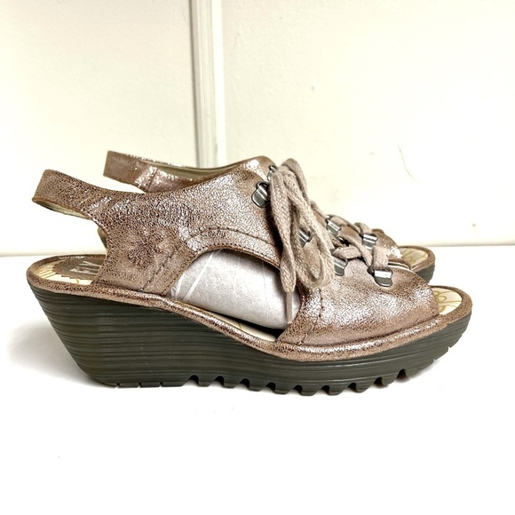 Fly London Ylfa Shoes Wedge Sandal Metallic Lace Up Womens 39 US 9 boho retro - Picture 1 of 11